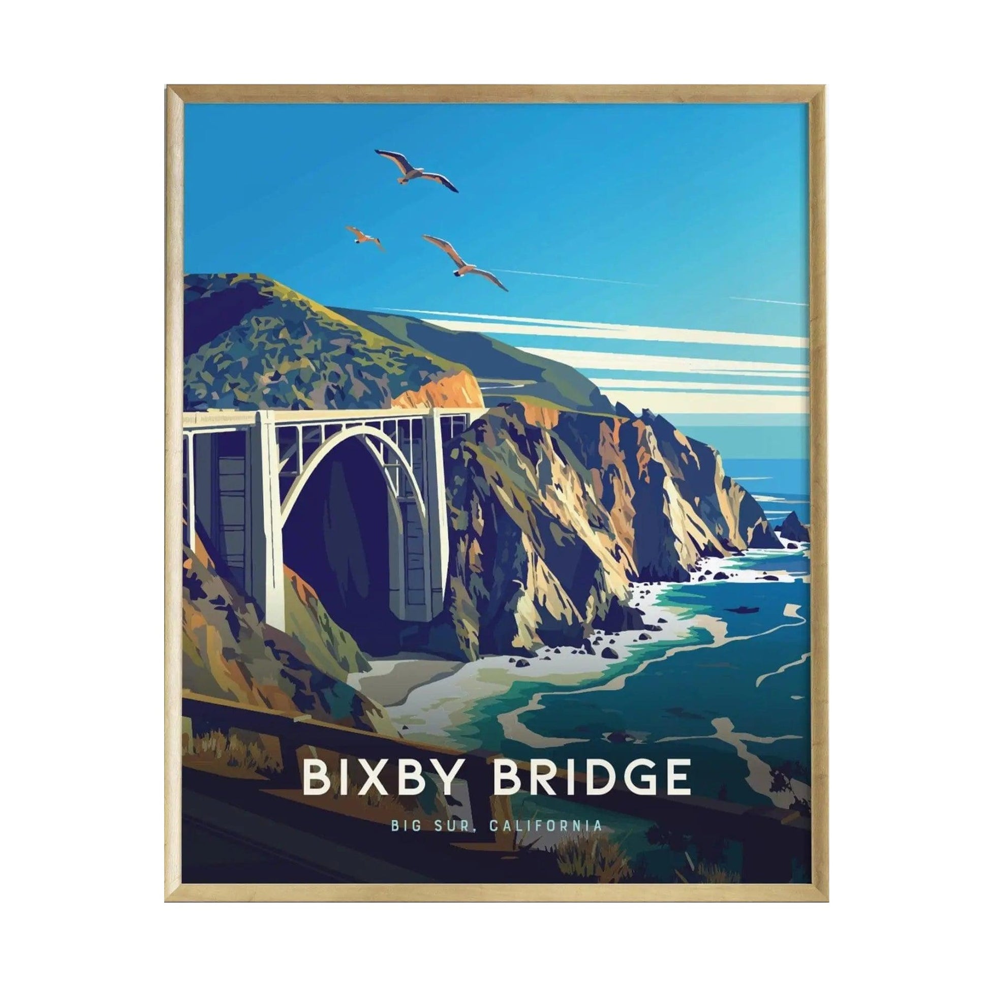 A stylized poster of Bixby Bridge in Big Sur, California, showcasing the iconic arch bridge spanning rugged cliffs. The vibrant artwork features a bright blue sky, soaring birds, and the stunning coastline with turquoise waters below.