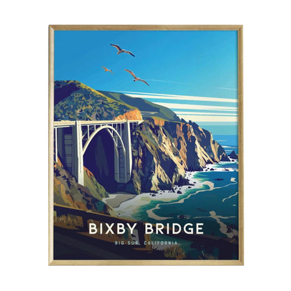 A vibrant poster of the Bixby Bridge in Big Sur, California, showcasing the iconic arch bridge against a backdrop of rugged cliffs and a deep blue ocean. The artwork features seagulls flying overhead, enhancing the coastal scene.