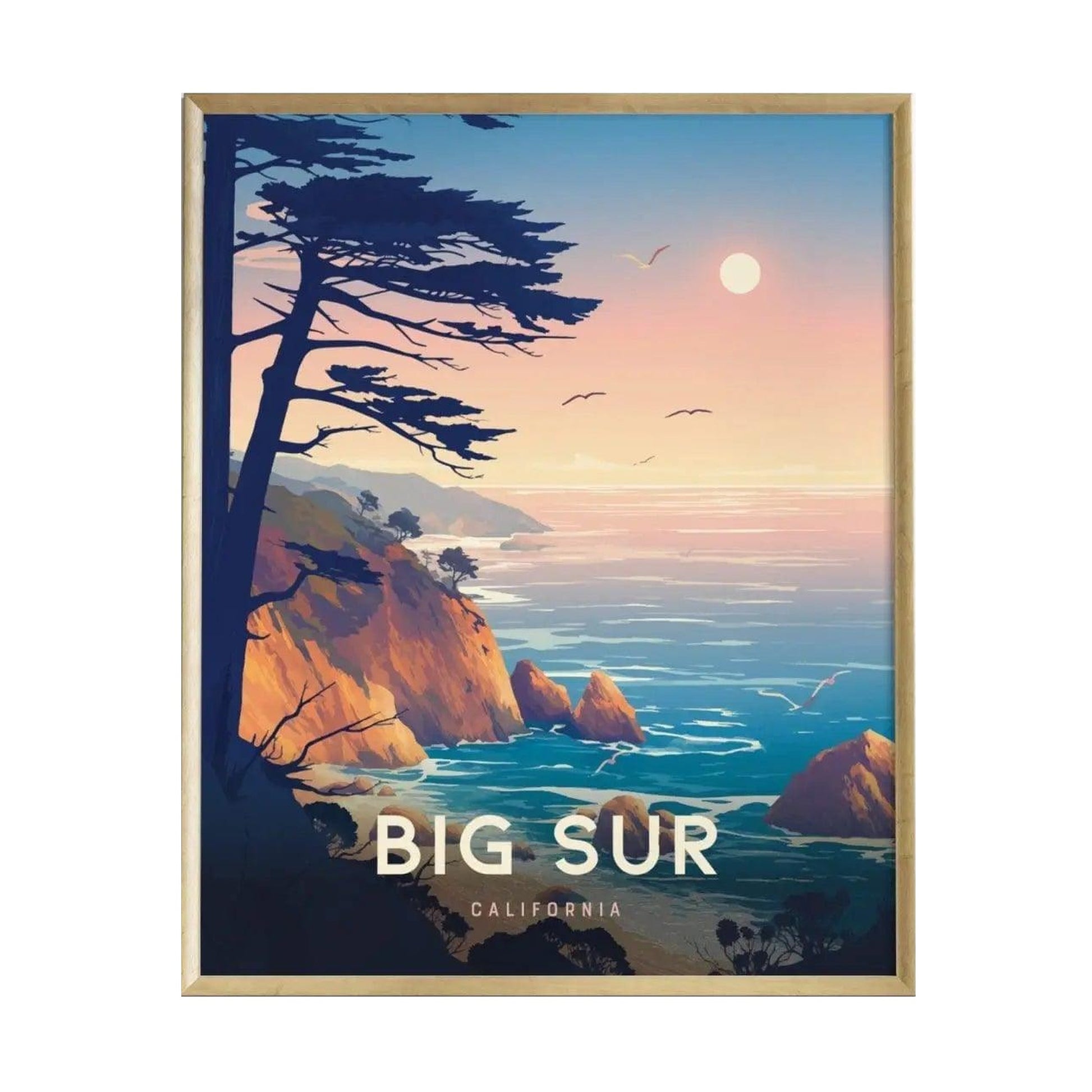 A colorful illustration of Big Sur, California, featuring a rocky coastline and a tranquil ocean under a pastel sky. Silhouetted trees frame the scene, while the sun sets with soft hues, creating a serene coastal atmosphere.