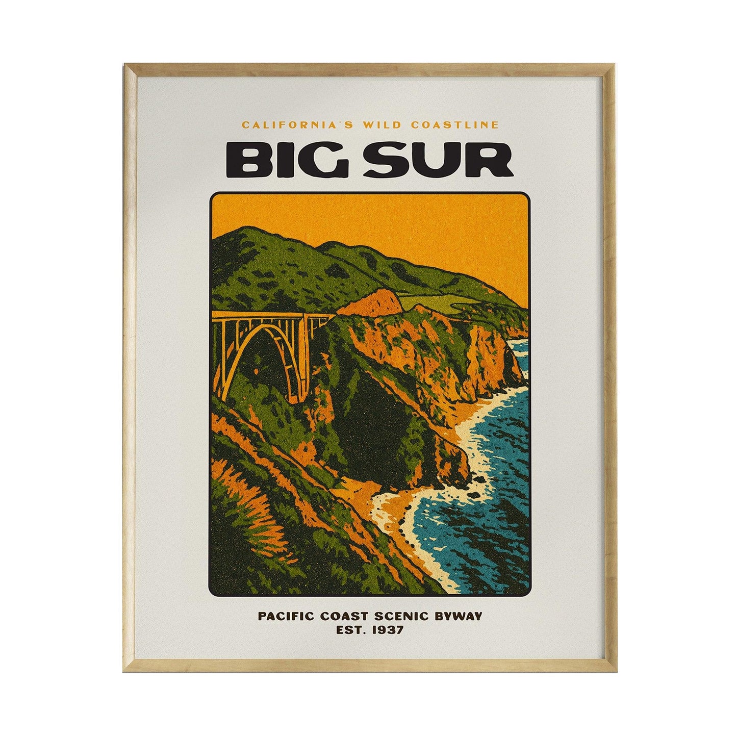 A vintage-style travel poster featuring the text BIG SUR prominently at the top. Below, a colorful illustration depicts a coastal scene with cliffs, a winding highway, and a bridge overlooking the Pacific Ocean, all framed in a sleek.