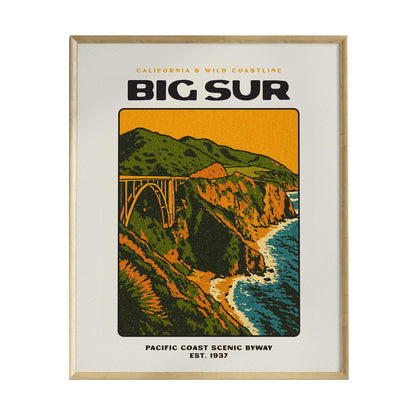 A vintage-style travel poster featuring the text BIG SUR prominently at the top. Below, a colorful illustration depicts a coastal scene with cliffs, a winding highway, and a bridge overlooking the Pacific Ocean, all framed in a sleek.