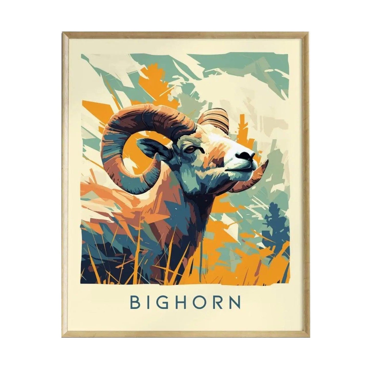 A modern wildlife poster featuring a stylized Bighorn ram in vibrant colors, showcasing its prominent curved horns. The background includes abstract shapes in hues of blue, orange, and cream, enhancing the rams majestic presence.