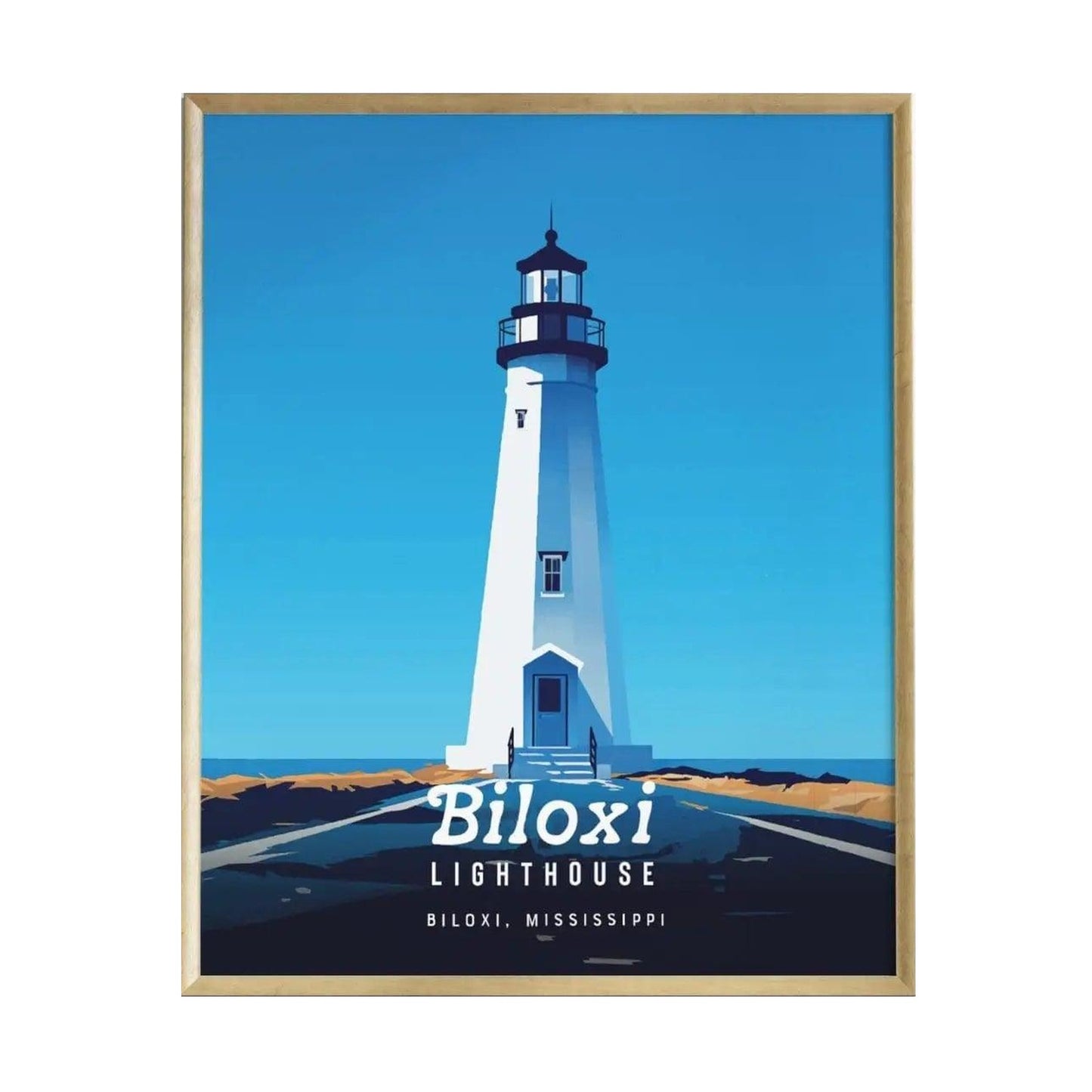 A framed poster of the Biloxi Lighthouse, showcasing its tall, white structure against a vibrant blue sky. The design features bold, minimal vector art with the text Biloxi Lighthouse and Biloxi, Mississippi at the bottom.