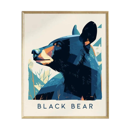 A modern poster featuring a stylized black bear in profile, showcasing its calm expression and distinct features against a light background.