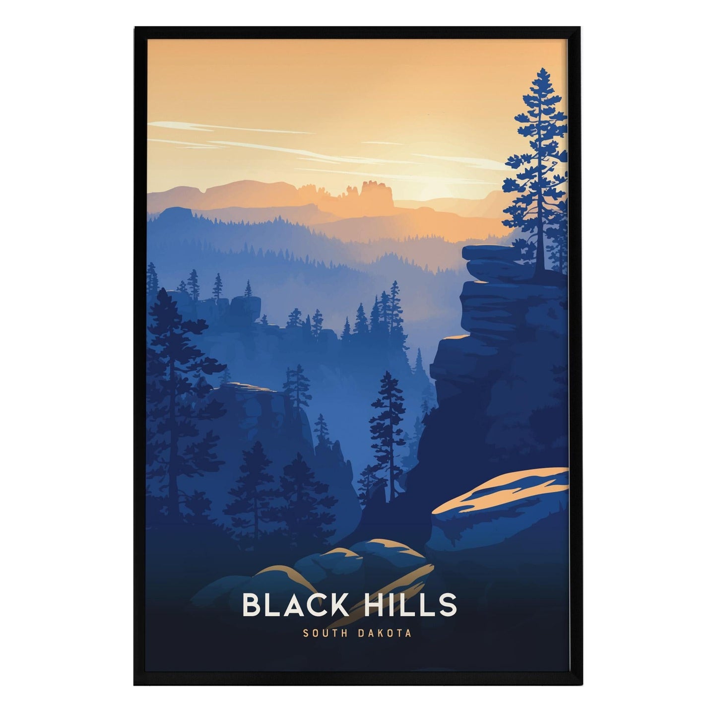 A framed art print depicting the Black Hills of South Dakota, showcasing a serene landscape with layered mountains and tall trees.