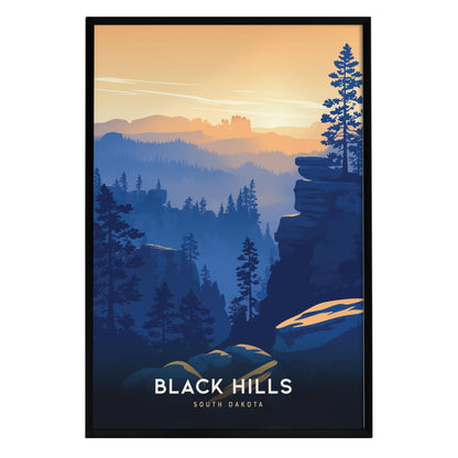 A framed art print depicting the Black Hills of South Dakota, showcasing a serene landscape with layered mountains and tall trees.