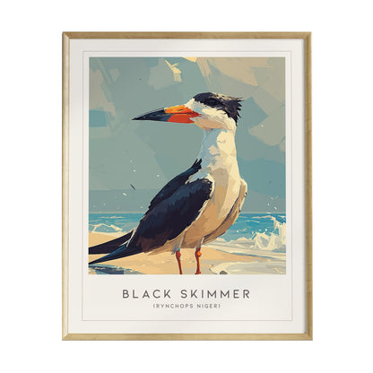 A framed poster features a stylized illustration of a Black Skimmer, showcasing its distinctive black and white plumage and long, orange bill.