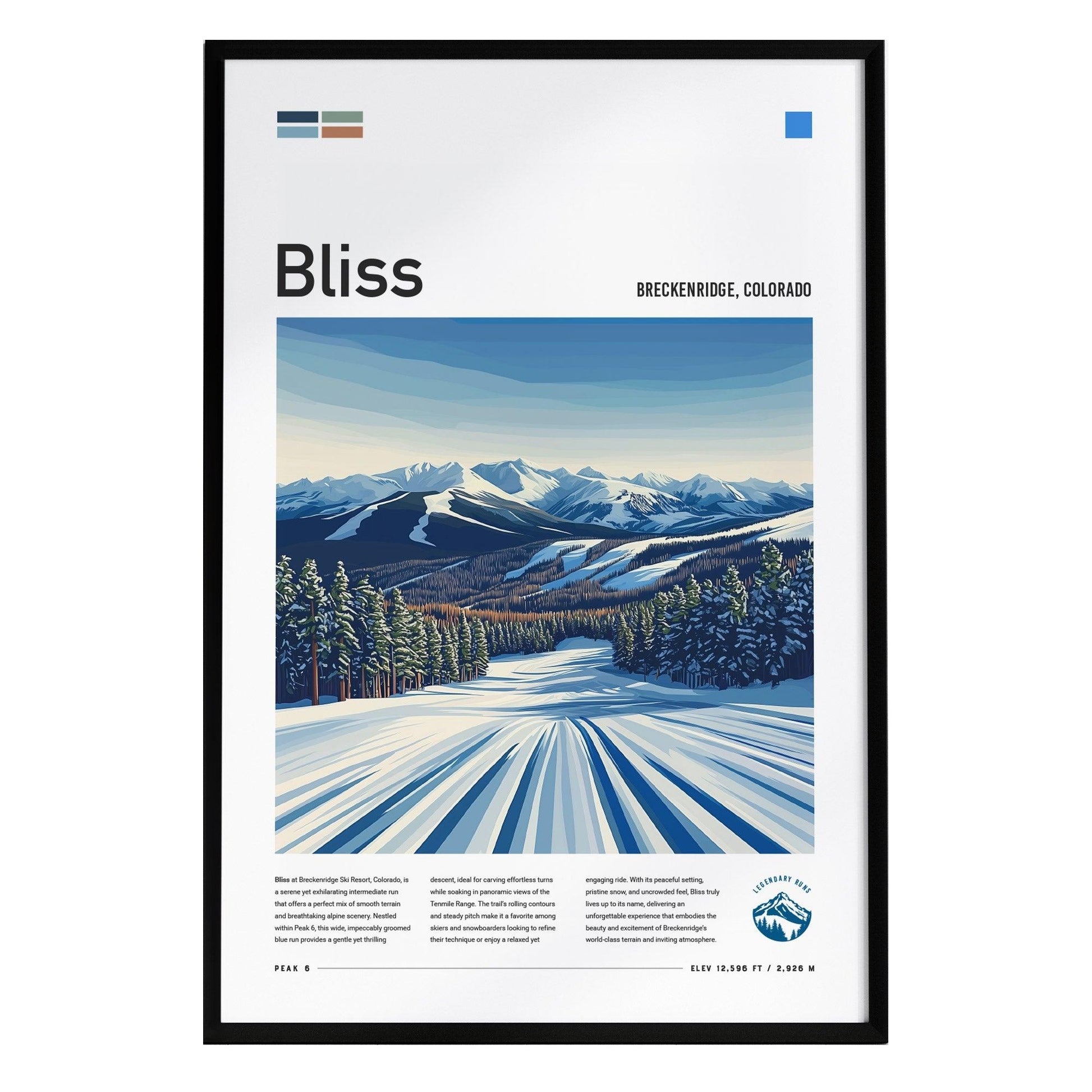 A framed poster titled Bliss showcases a stylized winter scene of Breckenridge, Colorado, featuring a snow-covered ski run winding through evergreen trees, with the majestic Rocky Mountains in the background under a clear blue sky.
