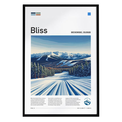 A framed poster titled Bliss showcases a stylized winter scene of Breckenridge, Colorado, featuring a snow-covered ski run winding through evergreen trees, with the majestic Rocky Mountains in the background under a clear blue sky.
