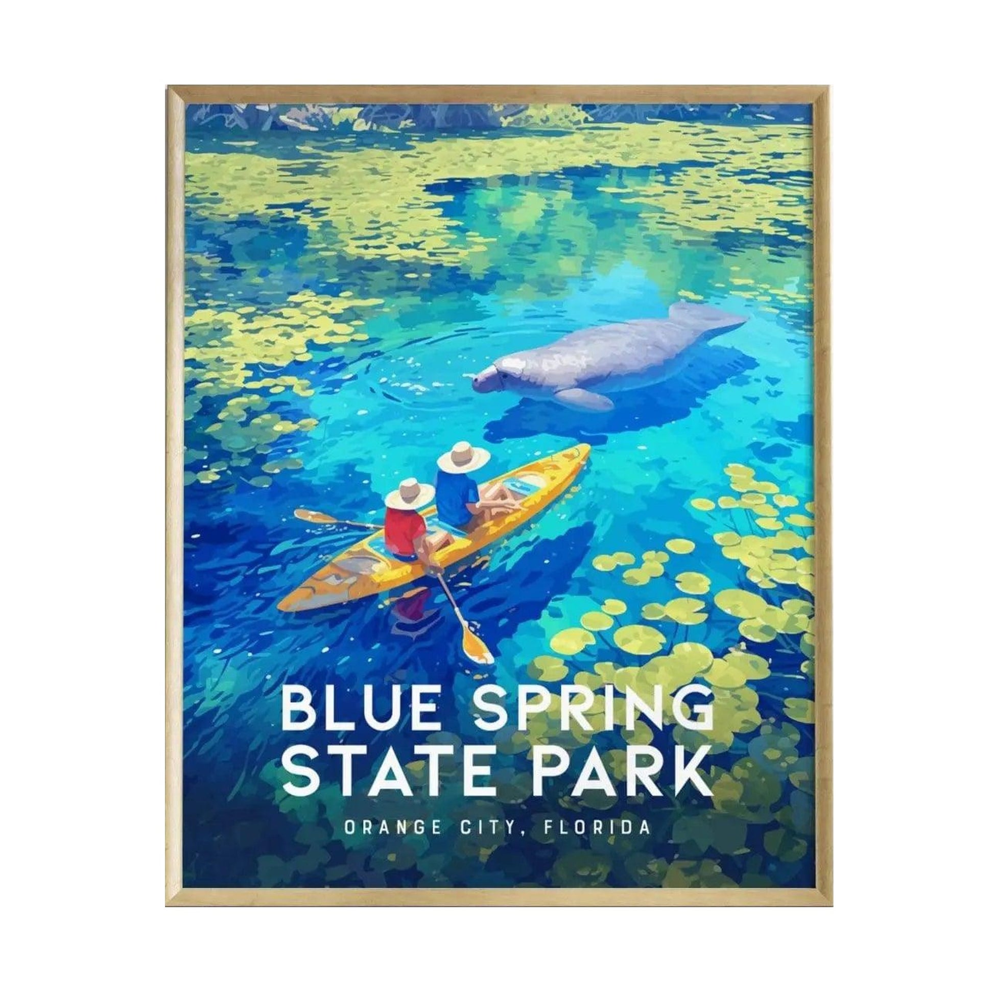 A vibrant illustration of Blue Spring State Park features two kayakers paddling in crystal-clear waters, surrounded by lush green lily pads. A gentle manatee glides nearby, capturing the serene beauty of this Florida natural spring scene.