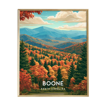 A vibrant illustration showcases the rolling peaks of the Blue Ridge Mountains in Boone, North Carolina, surrounded by a lush forest of autumn-colored foliage.