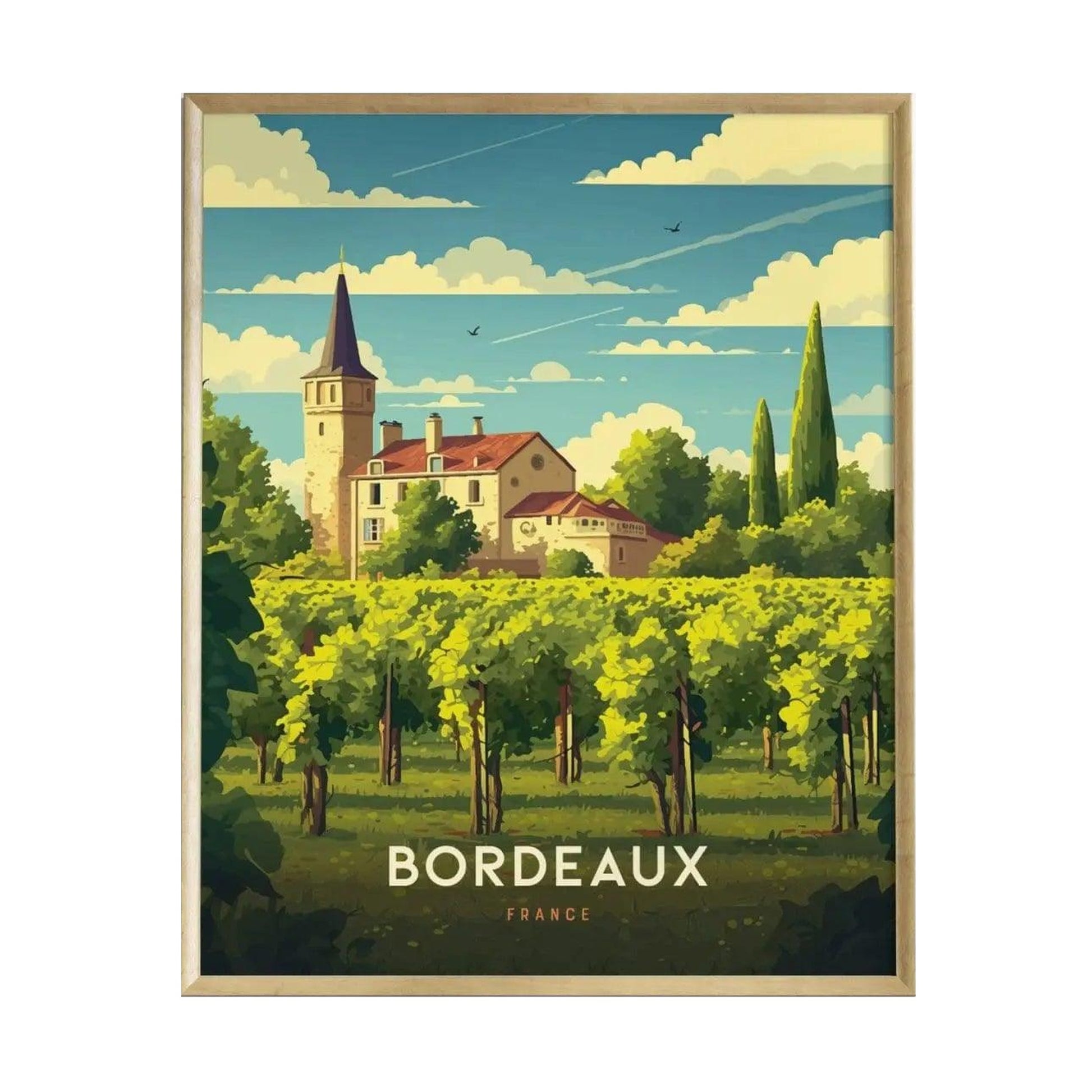 A vibrant travel print depicting the picturesque vineyards of Bordeaux, France, features lush green grapevines in the foreground, a charming chateau with a tower in the background, and a bright blue sky dotted with clouds.