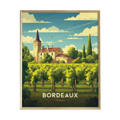 A vibrant travel print depicting the picturesque vineyards of Bordeaux, France, features lush green grapevines in the foreground, a charming chateau with a tower in the background, and a bright blue sky dotted with clouds.