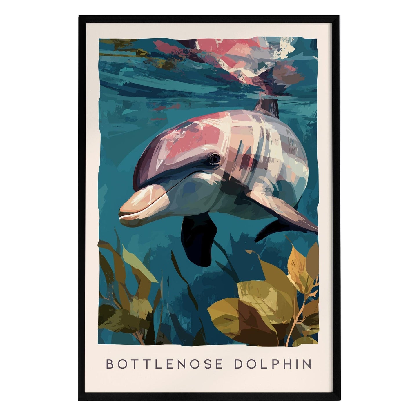 A vibrant illustration of a Bottlenose Dolphin swimming gracefully through clear turquoise waters, surrounded by lush aquatic plants. The poster features a geometric art style, highlighting the dolphins playful nature and beauty.