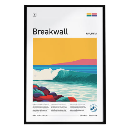 A framed poster titled Breakwall features a vibrant illustration of surf waves crashing against colorful rocks, set against a warm, yellow sky. The design reflects the coastal beauty of Maui, Hawaii, with a modern artistic flair.