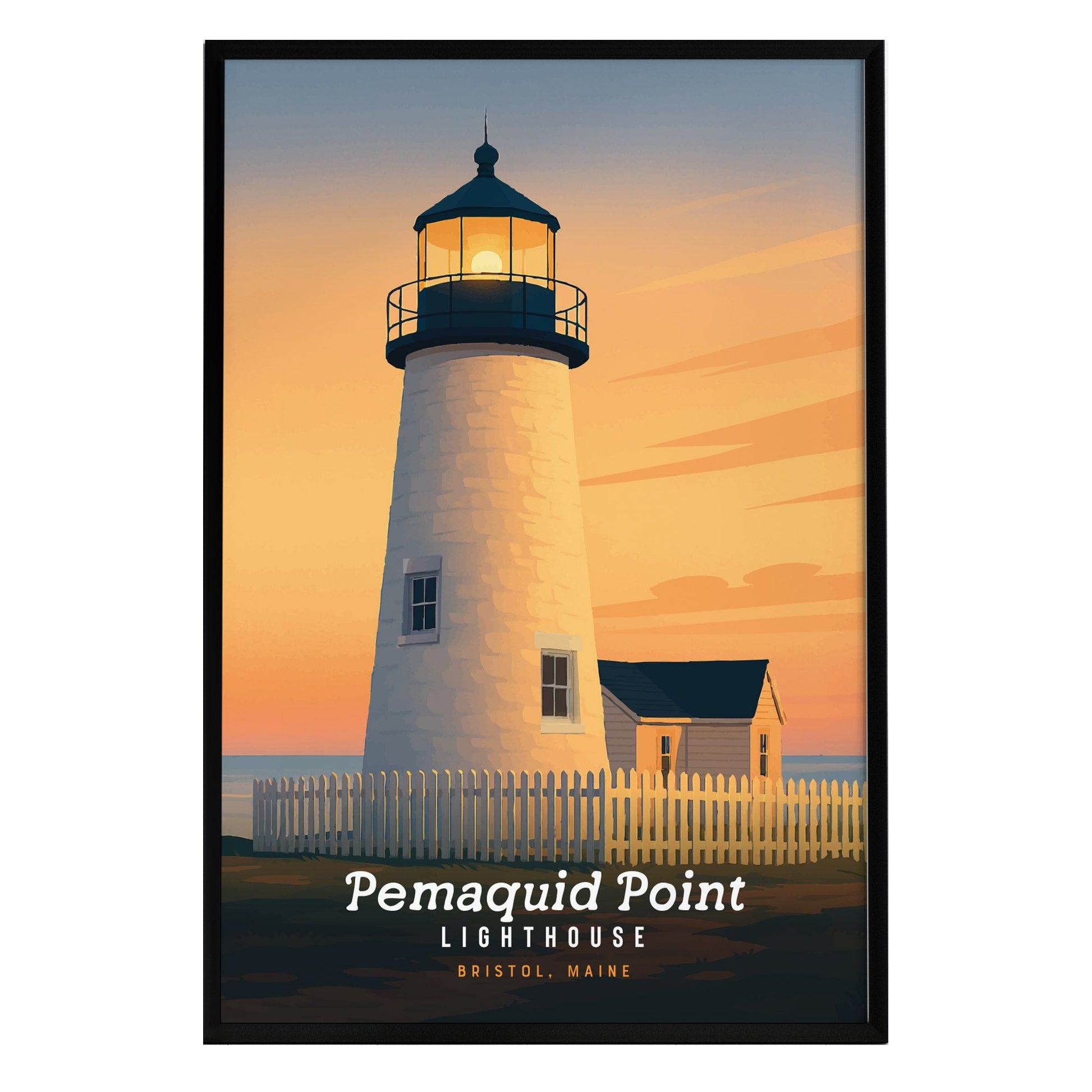 A framed poster depicting the Pemaquid Point Lighthouse in Bristol, Maine, with a warm sunset backdrop. The lighthouse stands tall beside a white picket fence, capturing the serene coastal beauty of the area.