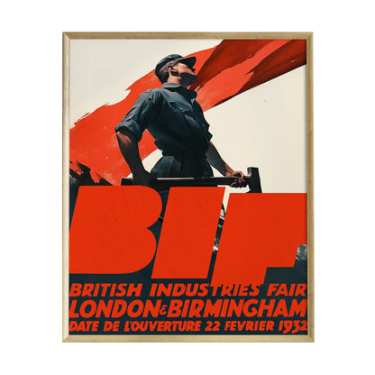 A vintage poster for the British Industries Fair features a strong industrial worker holding a hammer against a bold red background.