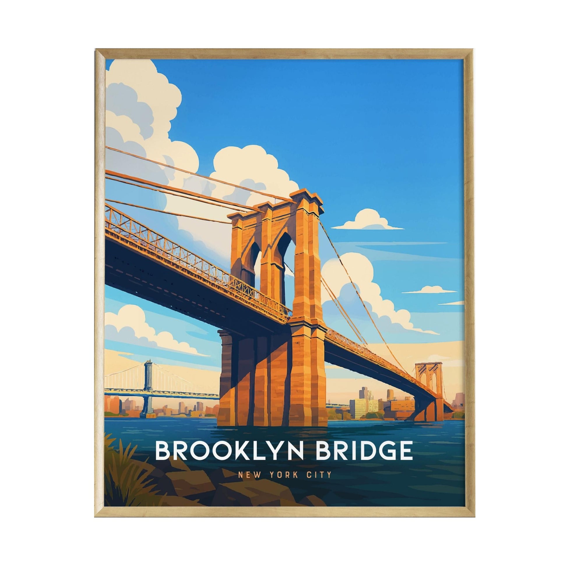 A vibrant illustration of the Brooklyn Bridge set against a bright blue sky, showcasing its iconic towers and cables. The artwork features a modern design with bold colors and includes the text Brooklyn Bridge, New York City at the bottom.