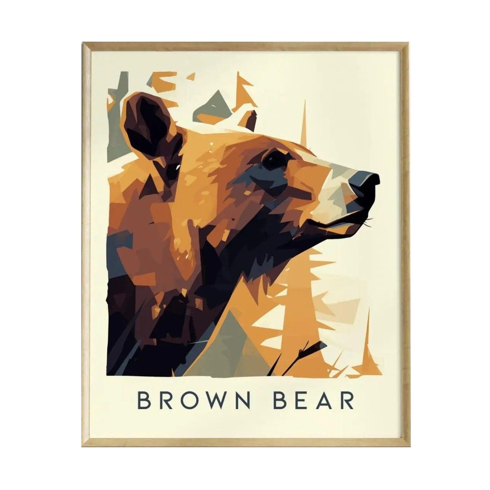 A modern wildlife poster featuring a stylized depiction of a brown bears head, set against a backdrop of abstract trees. The artwork is framed with a light wood border and includes the text BROWN BEAR at the bottom.