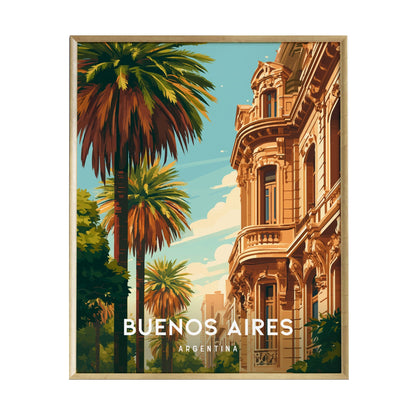 A colorful illustration of a Buenos Aires street scene featuring tall palm trees and an ornate building with warm tones. The artwork includes the text BUENOS AIRES prominently displayed at the bottom, capturing the citys vibrant essence.