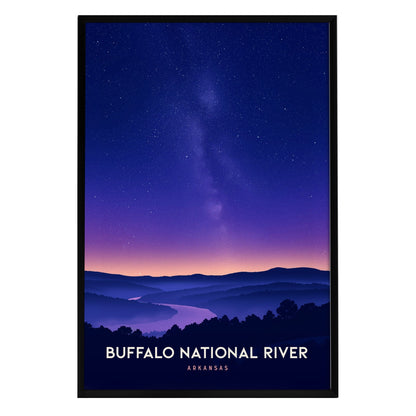 A beautifully framed poster of the Buffalo National River in Arkansas features a tranquil scene of rolling hills under a starry night sky, with a soft gradient transitioning from deep blue to purple, showcasing the rivers gentle curve.