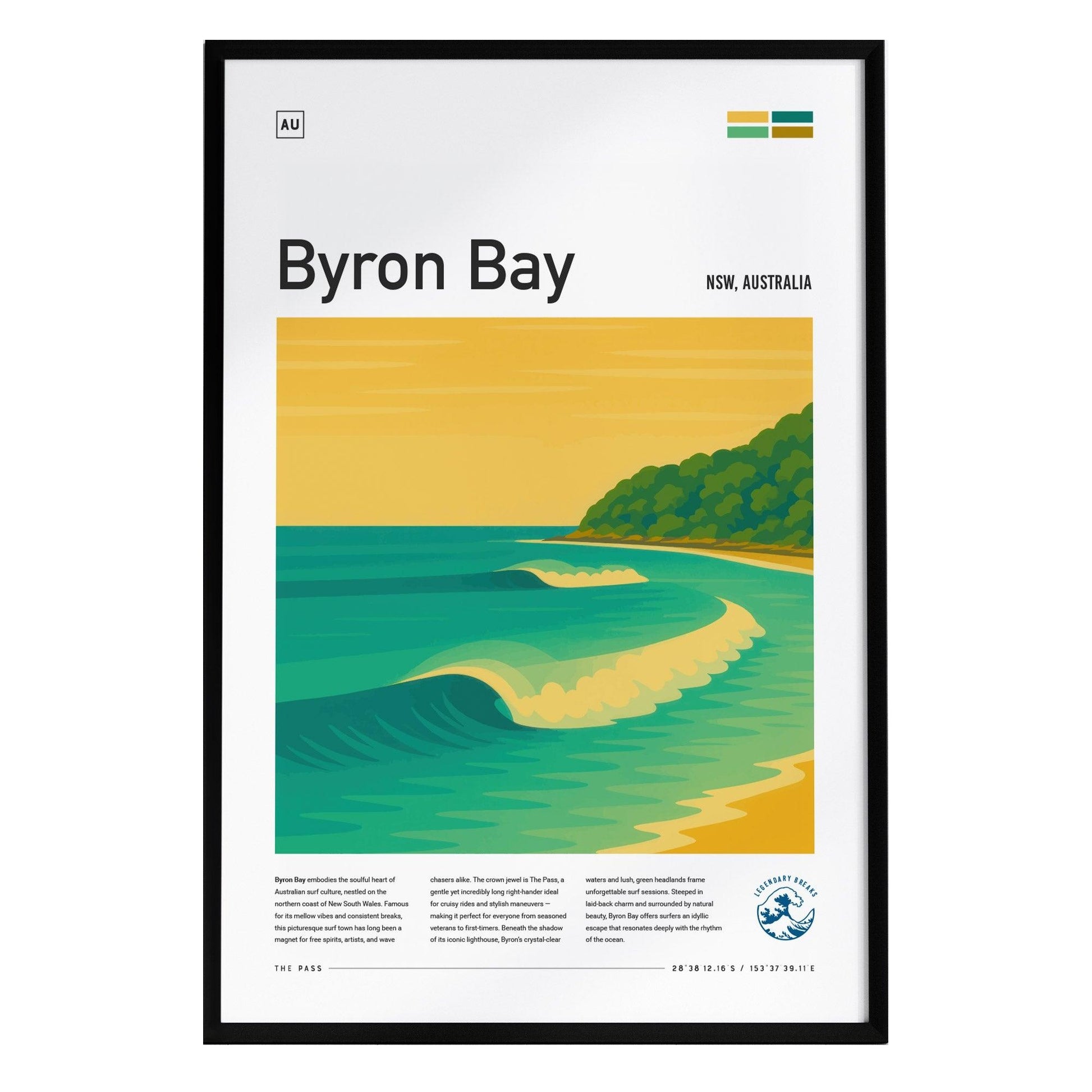 A framed poster of Byron Bay, Australia, featuring an illustrated scene of rolling green waves and a vibrant sunset sky. The artwork highlights the iconic surf culture and natural beauty of the region, with a description of The Pass below.