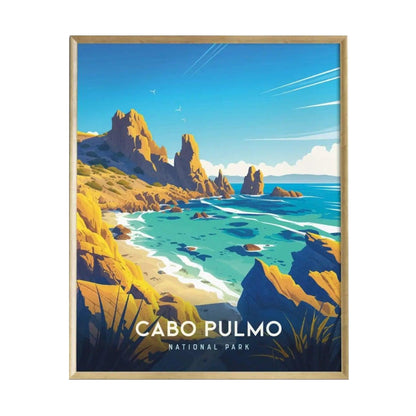 A vibrant illustration of Cabo Pulmo National Park features rugged cliffs and a serene coastline with turquoise waters.