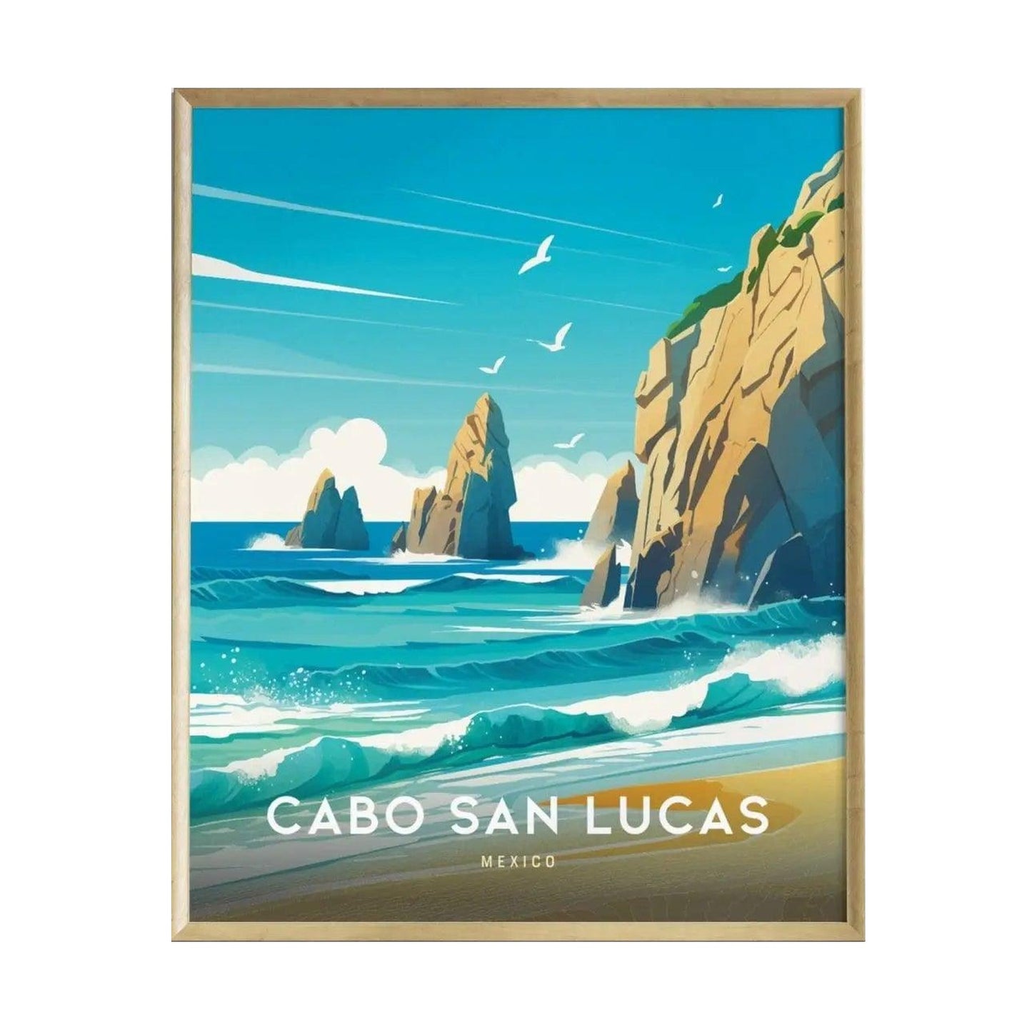 A vibrant art print titled Cabo San Lucas features a picturesque beach scene with turquoise waters, dramatic cliffs, and a clear blue sky. The artwork captures the beauty of Cabo San Lucas, Mexico, with seagulls soaring above the waves.