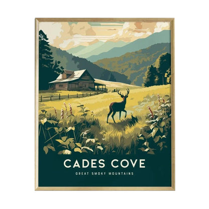 A framed poster of Cades Cove showcases a serene scene featuring a majestic buck standing in a sunlit meadow next to a rustic log cabin, with rolling mountains in the background.
