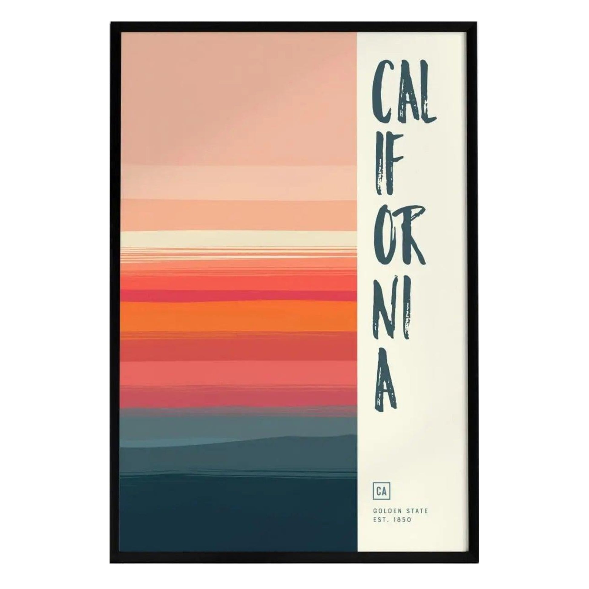 A California minimalist design poster featuring a gradient of warm colors representing a sunset, with bold text spelling CALIFORNIA on the left side. The design includes the state abbreviation CA and the year EST. 1850 at the bottom.