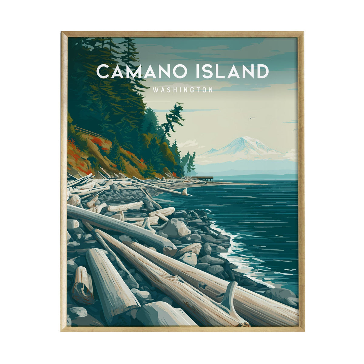 A beautifully illustrated poster of Camano Island, Washington, featuring a scenic coastal view with driftwood along the shore, towering evergreen trees, and a distant snow-capped mountain.