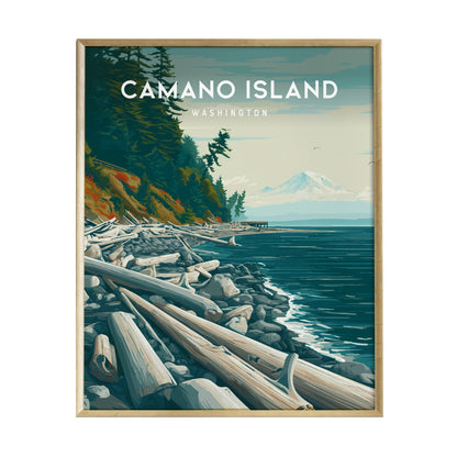 A beautifully illustrated poster of Camano Island, Washington, featuring a scenic coastal view with driftwood along the shore, towering evergreen trees, and a distant snow-capped mountain.