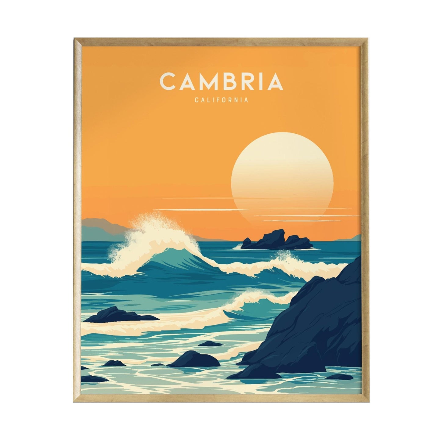 A vibrant poster depicting the coastal scenery of Cambria, California. The artwork features rolling blue waves crashing against rugged rocks under a warm orange sunset, with a large sun setting on the horizon, framed in a light wood border.