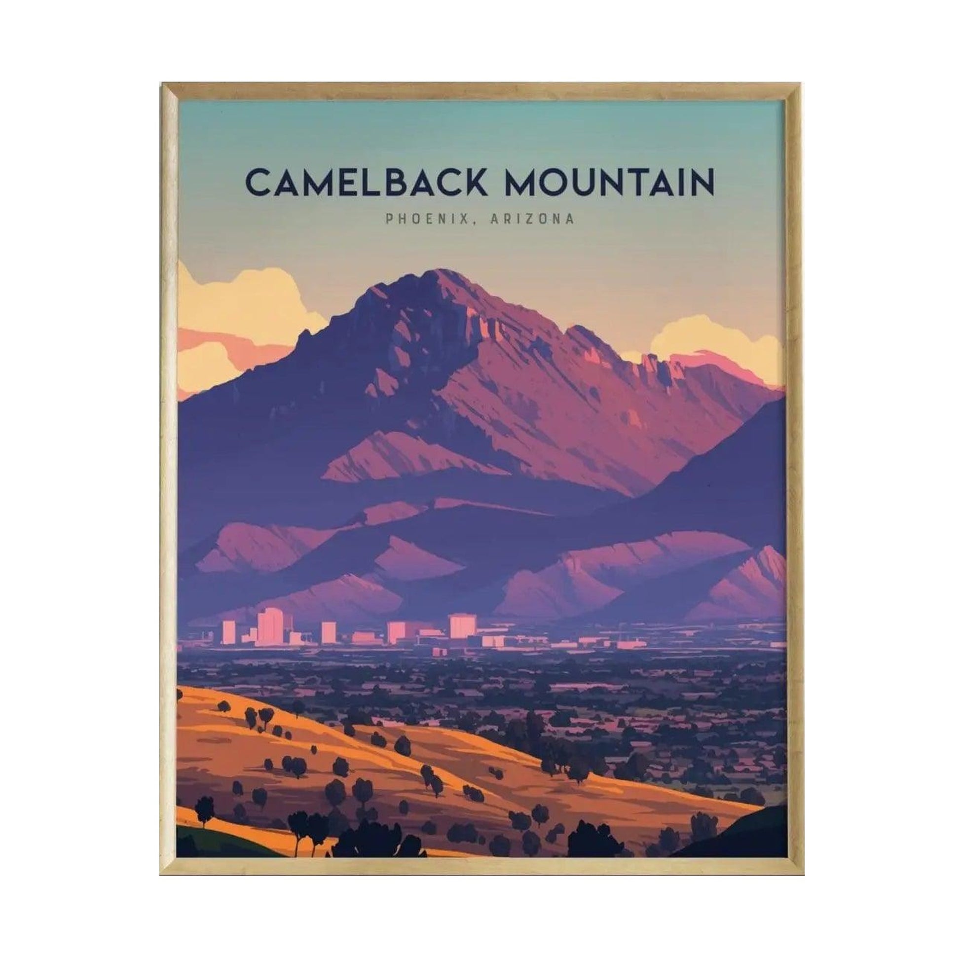 A vibrant poster of Camelback Mountain in Phoenix, Arizona, featuring rich desert tones and a dramatic silhouette. The artwork captures the mountains rugged beauty with a serene landscape below, making it a perfect piece for nature lovers.
