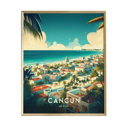 A colorful illustration of Cancun, Mexico, showcasing a vibrant coastal scene with white sandy beaches, turquoise waters, and lush palm trees. The image features a bustling town with colorful buildings and a lighthouse in the background.