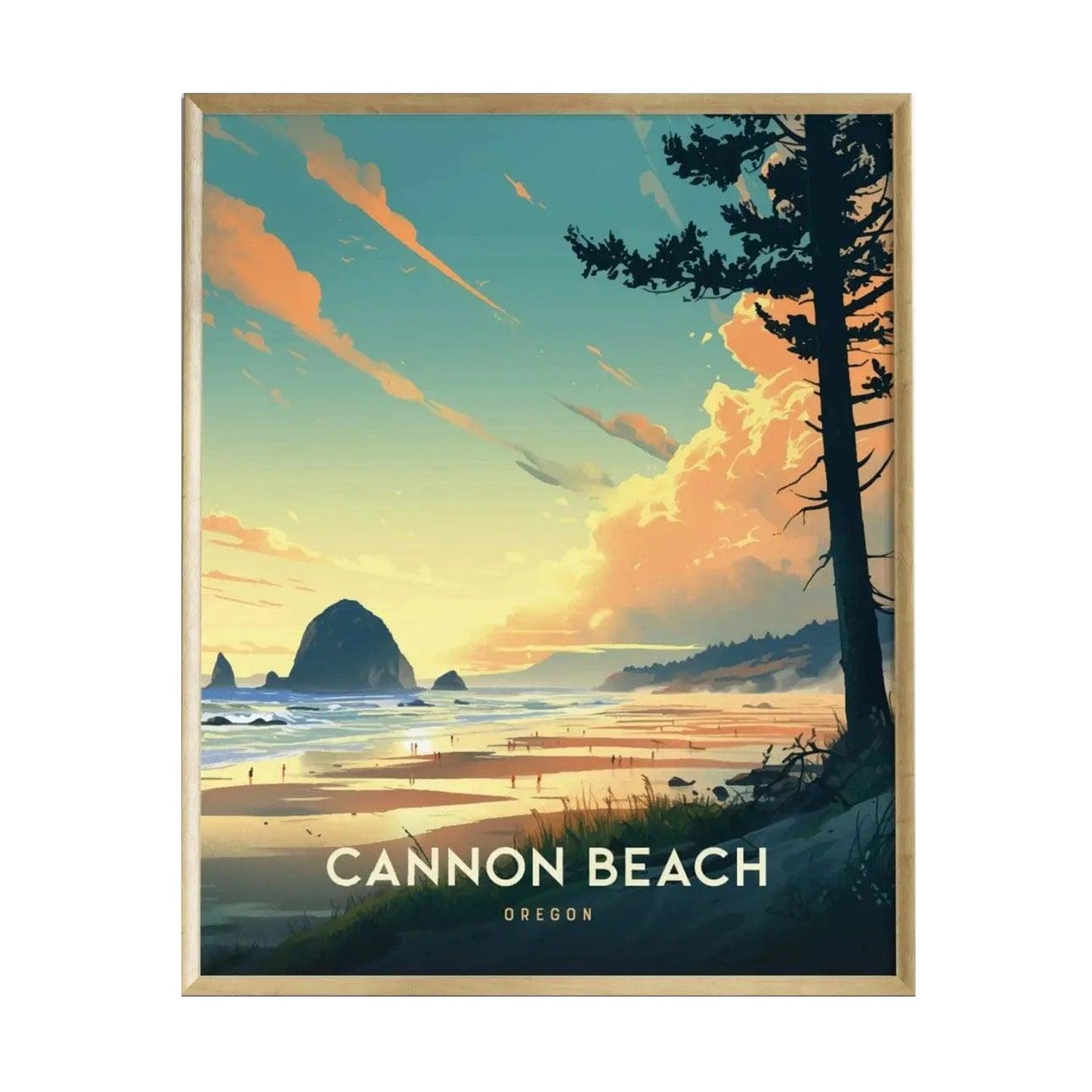 A vibrant illustration of Cannon Beach, Oregon, features a stunning sunset with colorful clouds, silhouetted trees, and the iconic Haystack Rock in the background. The sandy shore is dotted with people enjoying the scenic coastal view.