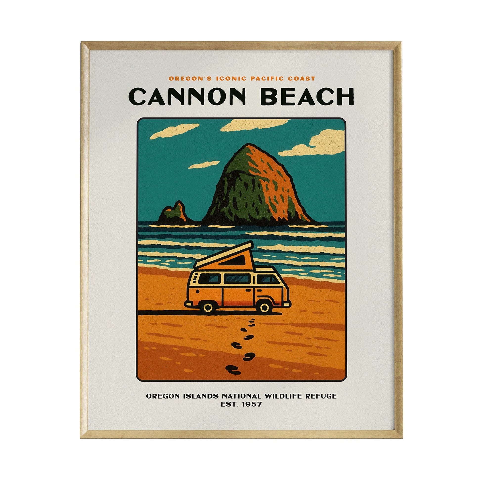A vintage-style poster depicting Cannon Beach, Oregon, featuring a retro camper van on the sandy beach with footprints leading towards the ocean.