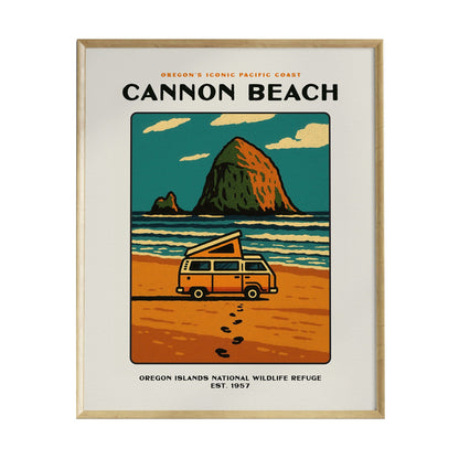 A vintage-style poster depicting Cannon Beach, Oregon, featuring a retro camper van on the sandy beach with footprints leading towards the ocean.