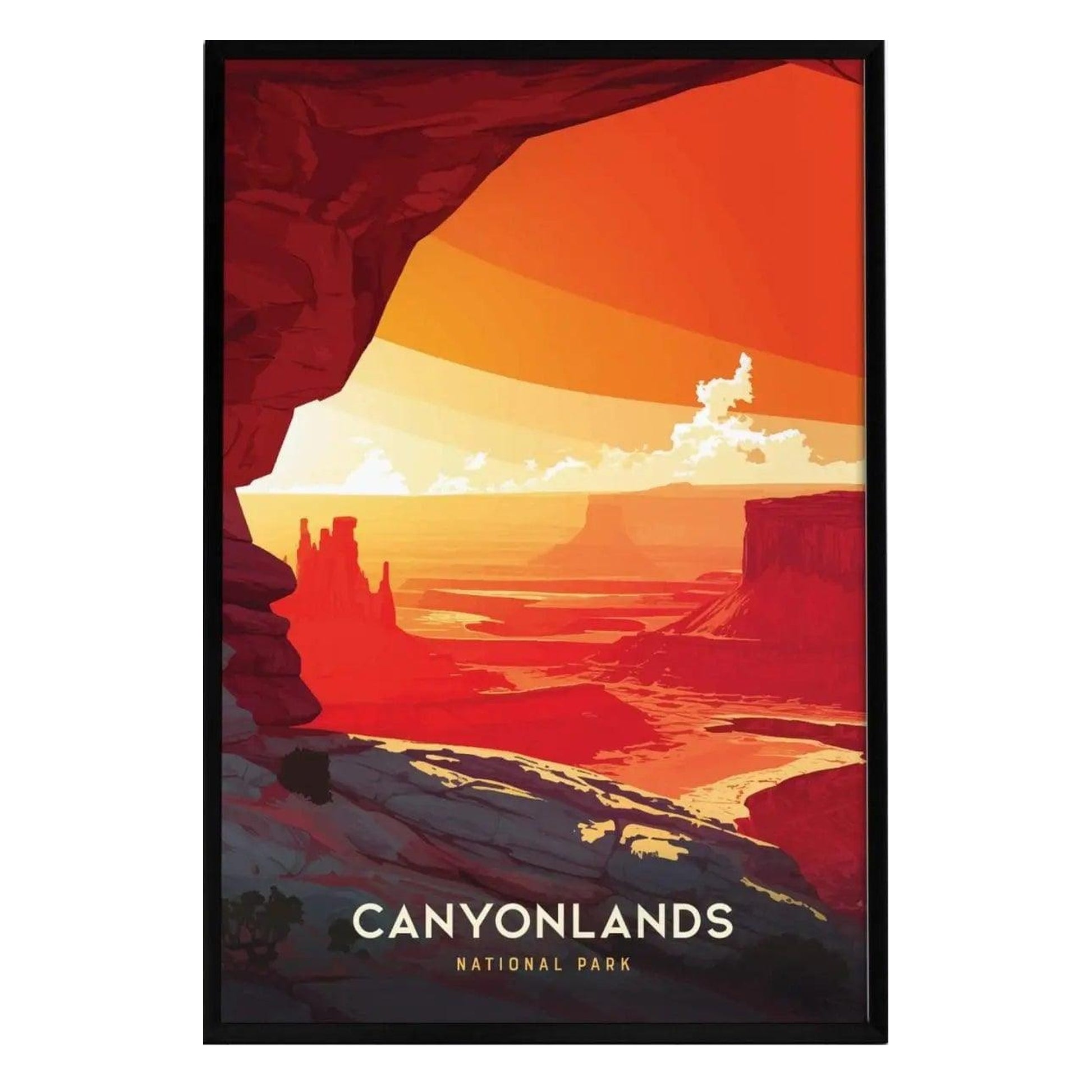 A vibrant poster depicting the stunning landscape of Canyonlands National Park, showcasing red rock formations, mesas, and a dramatic sunset. The modern design features bold colors that capture the essence of Utahs desert canyons.