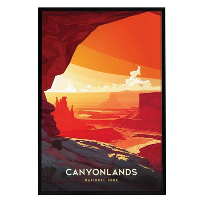 A vibrant poster depicting the stunning landscape of Canyonlands National Park, showcasing red rock formations, mesas, and a dramatic sunset. The modern design features bold colors that capture the essence of Utahs desert canyons.