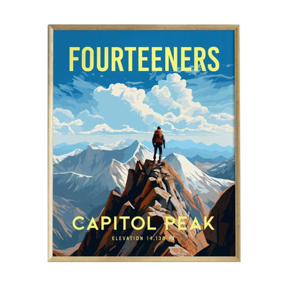 A vibrant mountain landscape featuring Capitol Peak, Colorado, with a lone climber standing triumphantly on a rocky peak.