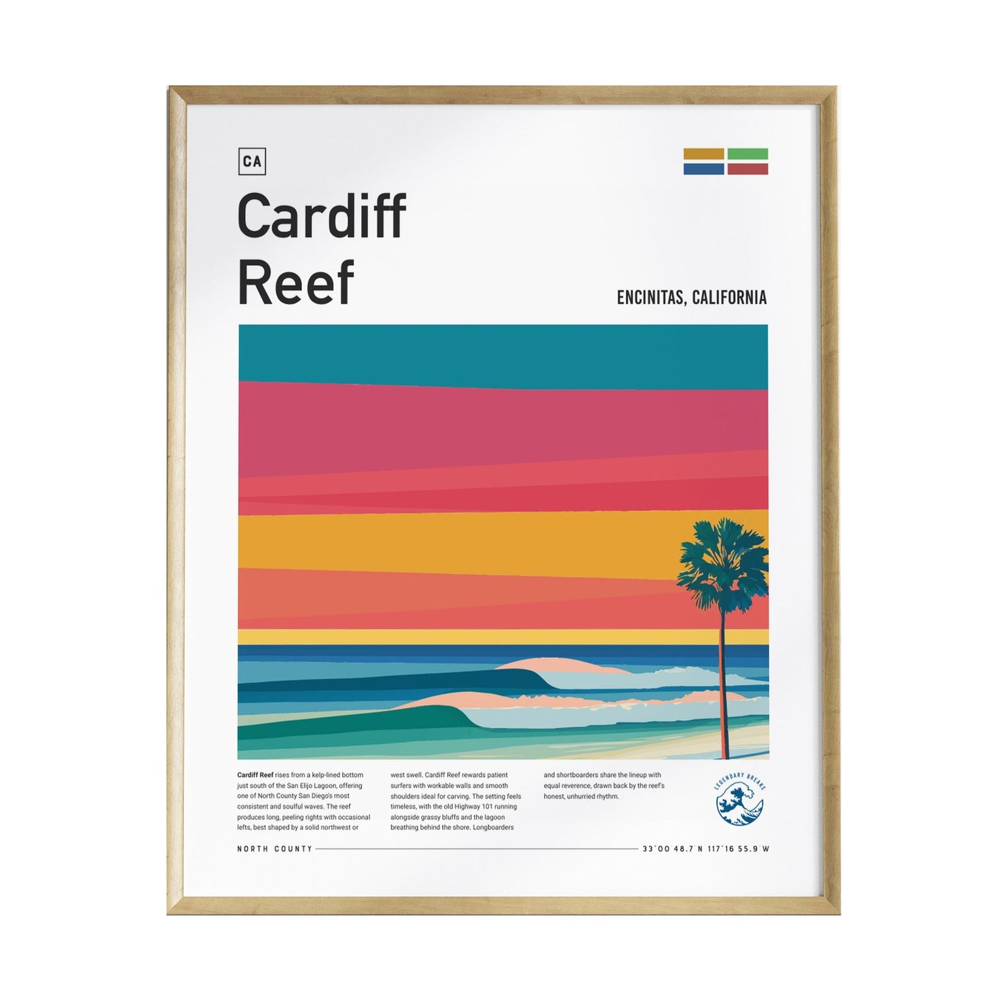 A framed poster titled Cardiff Reef showcases a vibrant sunset over the ocean, featuring horizontal stripes in shades of pink, orange, and yellow.