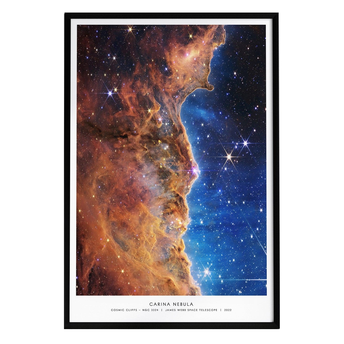 A vibrant poster of the Carina Nebula, showcasing intricate details of cosmic cliffs, glowing dust, and a starry background. The image features a mix of deep reds, blues, and purples, framed in a sleek black border.