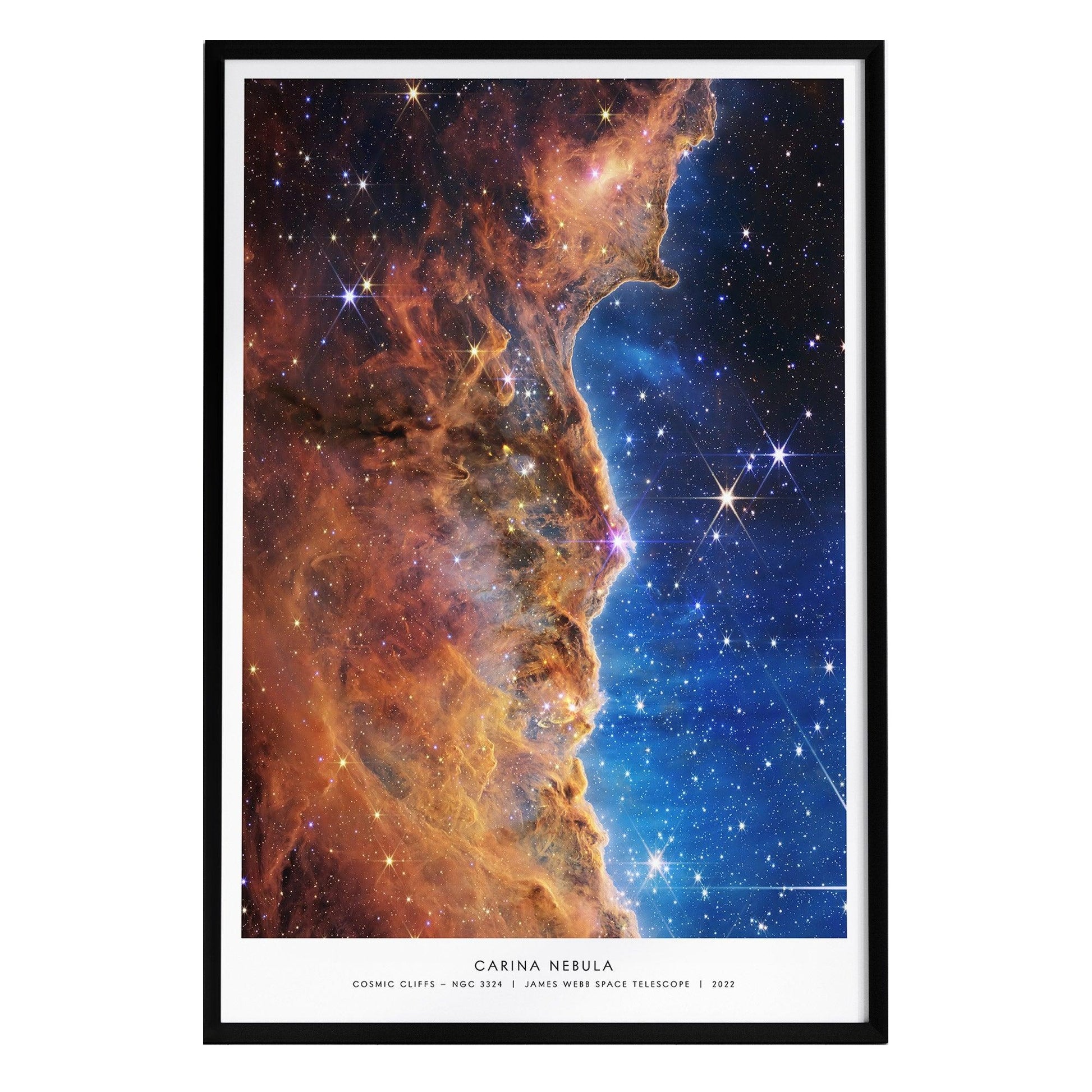 A vibrant poster of the Carina Nebula, showcasing intricate details of cosmic cliffs, glowing dust, and a starry background. The image features a mix of deep reds, blues, and purples, framed in a sleek black border.