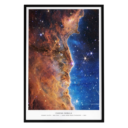 A vibrant poster of the Carina Nebula, showcasing intricate details of cosmic cliffs, glowing dust, and a starry background. The image features a mix of deep reds, blues, and purples, framed in a sleek black border.