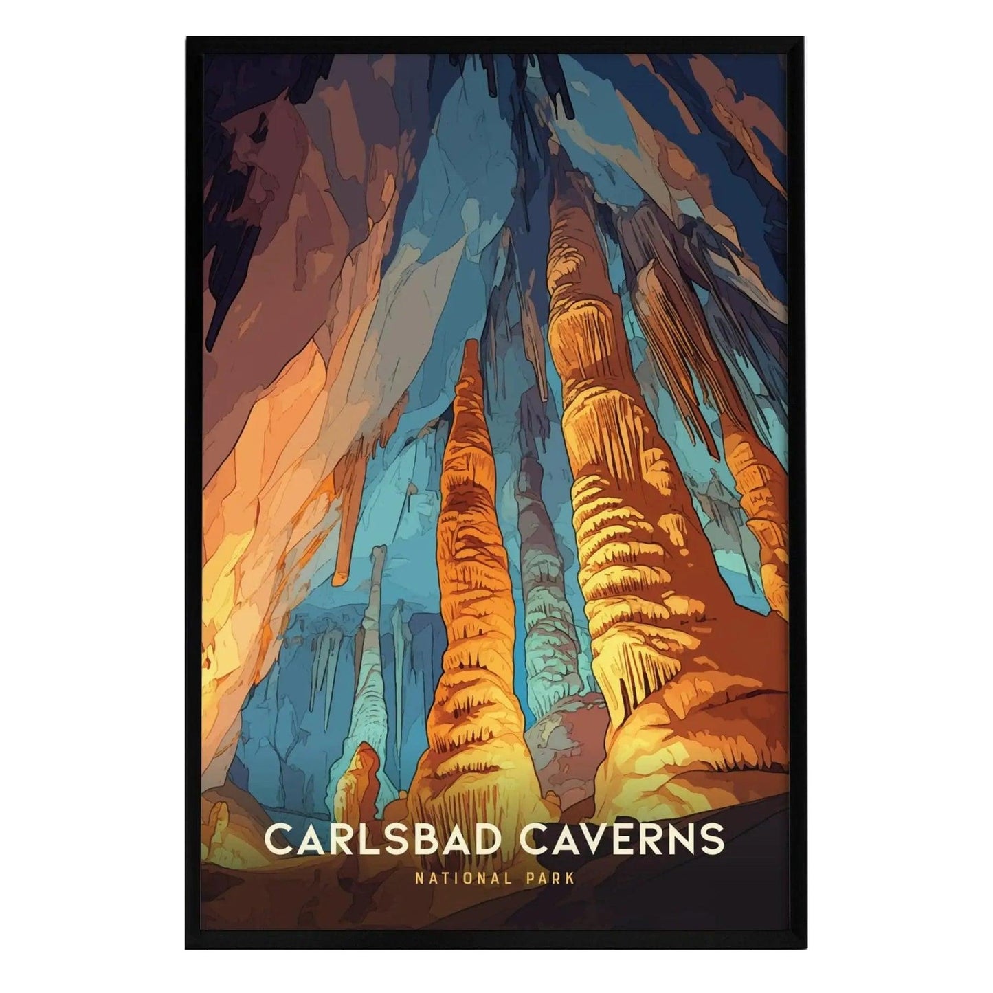 A vibrant poster depicting the stunning rock formations of Carlsbad Caverns National Park, showcasing towering stalagmites illuminated in warm hues of orange and blue.