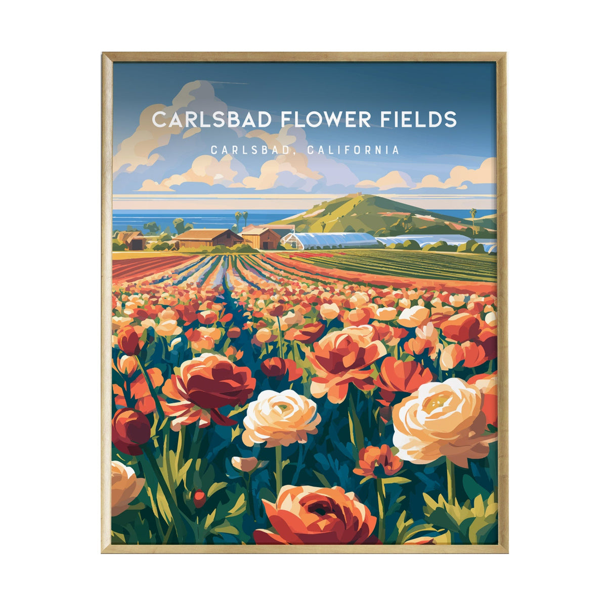A vibrant poster depicting the Carlsbad Flower Fields in California, showcasing colorful ranunculus flowers in full bloom. The illustration features rows of flowers leading to a scenic coastal view under a clear blue sky.