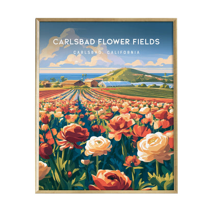 A vibrant poster depicting the Carlsbad Flower Fields in California, showcasing colorful ranunculus flowers in full bloom. The illustration features rows of flowers leading to a scenic coastal view under a clear blue sky.