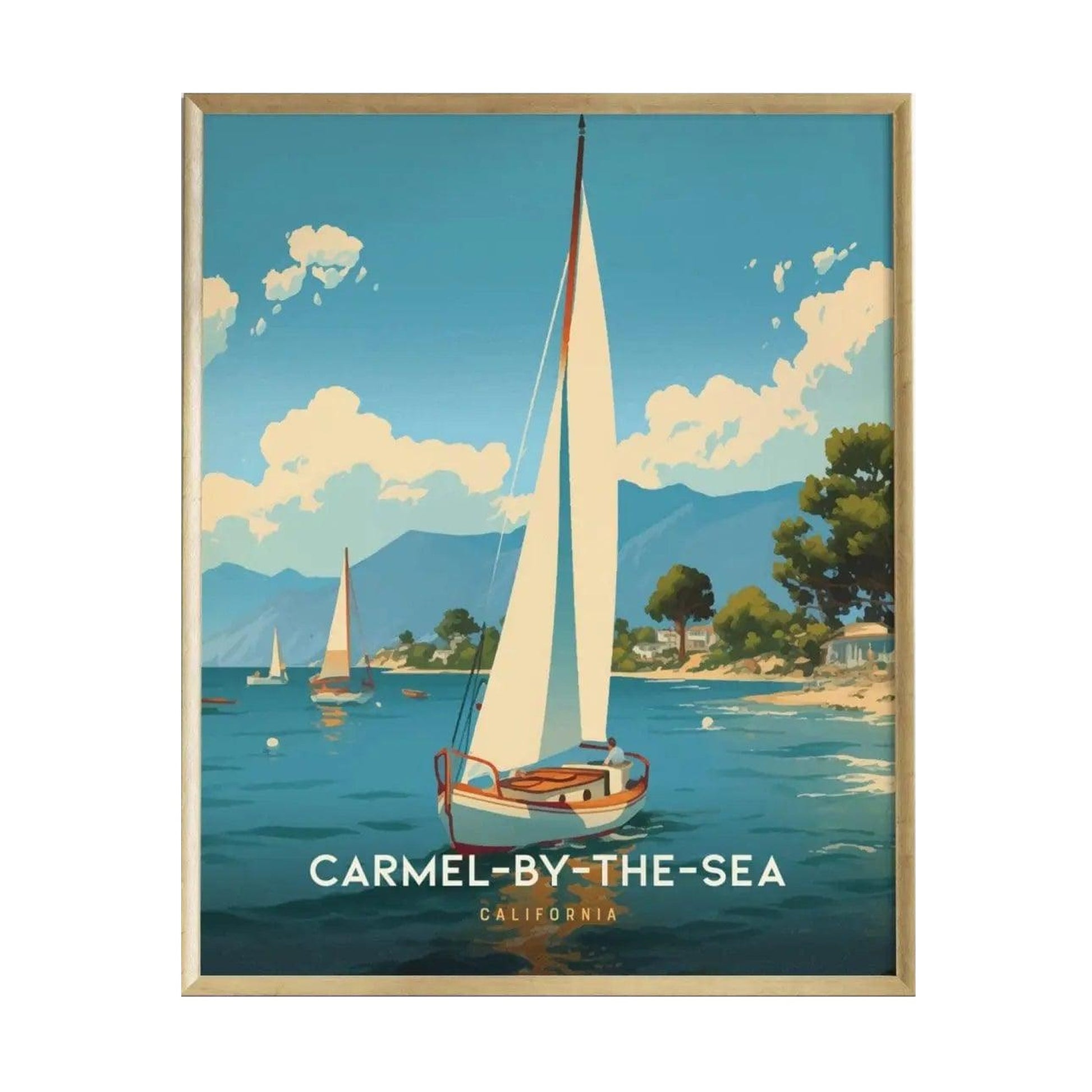 A vibrant poster featuring a sailboat gliding through calm waters, surrounded by lush greenery and mountains under a bright blue sky.