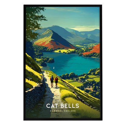 A vibrant travel poster features a scenic view of Cat Bells in Cumbria, England, with two hikers walking along a sunlit path. The deep blue waters of Derwentwater and rolling green hills create a striking landscape backdrop.